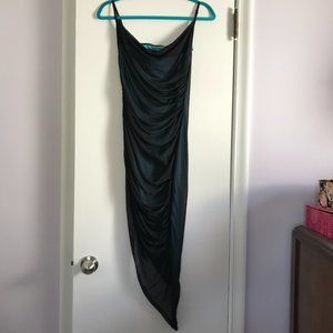 Slinky Black Ruched Mesh Asymmetrical Mid-Length Dress Light Blue Lining